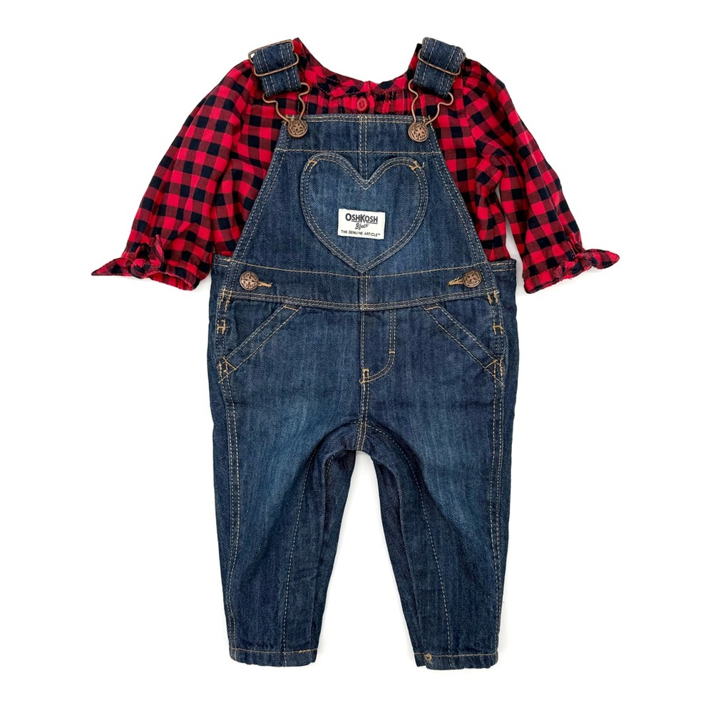 EUC OshKosh Baby Girls Christmas Denim Overalls & Plaid Bodysuit In Red, Blue 3M